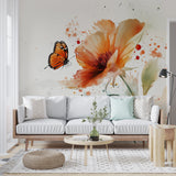 Butterfly watercolor mural creating a peaceful atmosphere in a bright living room with modern furniture