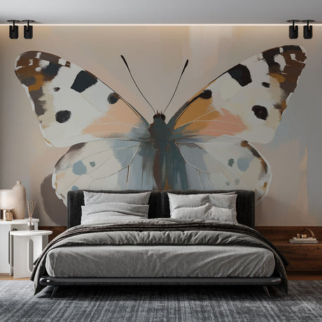 Butterfly wall mural in modern living room showing watercolor nature art design with soft peach and teal tones