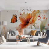 Butterfly wall mural with orange watercolor flowers creating a stunning focal point in a bright modern living room