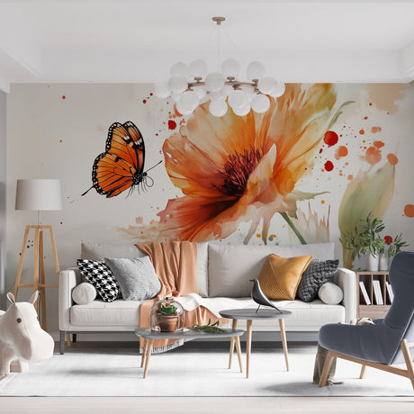 Butterfly wall mural with orange watercolor flowers creating a stunning focal point in a bright modern living room