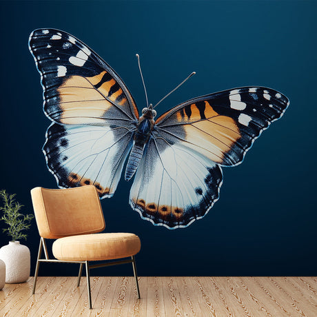 Butterfly wallpaper mural bringing life to a modern living room with its stunning orange and white wings against navy blue