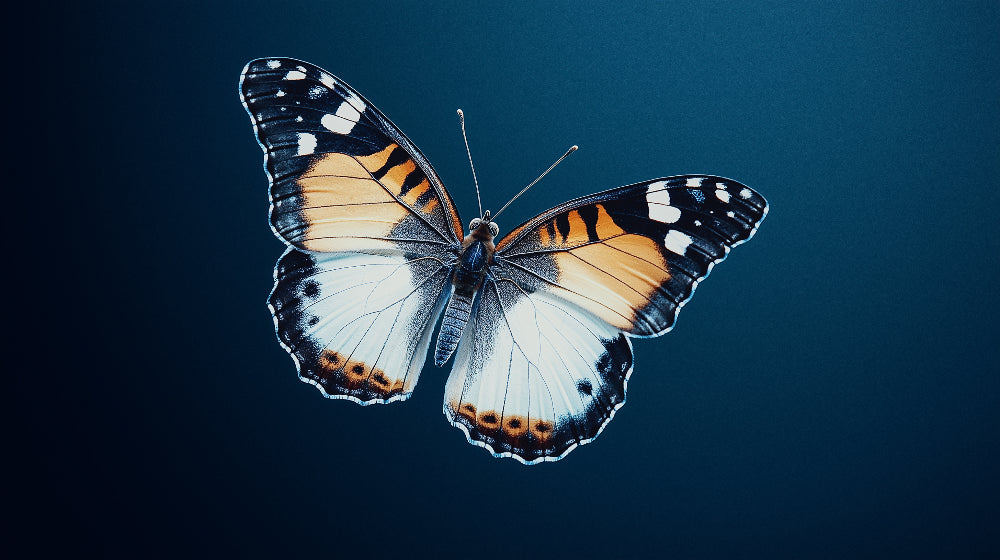 Butterfly design file showing detailed white and orange wing pattern on navy background
