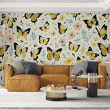 Yellow Monarch Butterfly wallpaper creating a bright, cheerful atmosphere in a modern living room with natural light