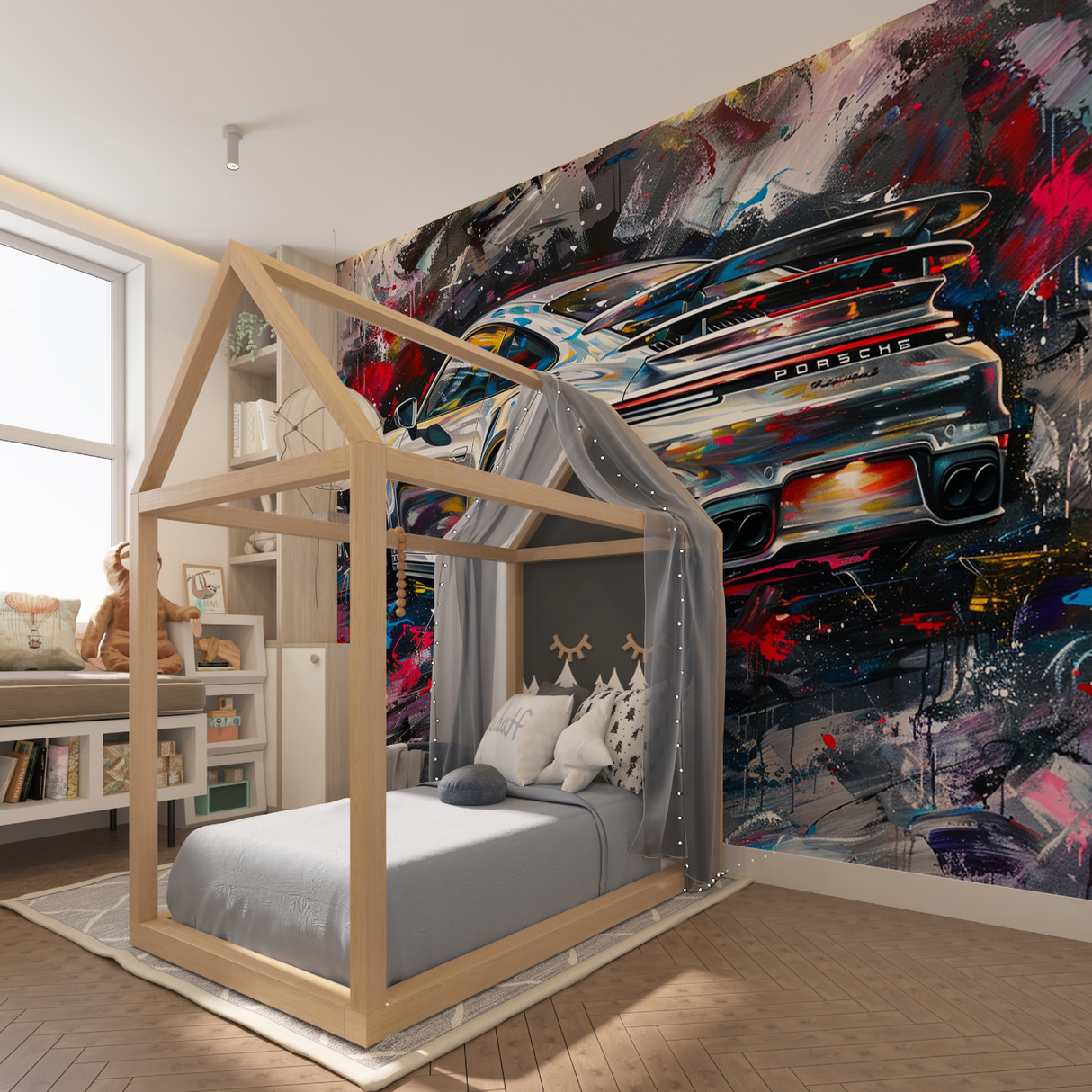 Sports Car Mural Wallpaper | Dynamic Porsche Street Art Design