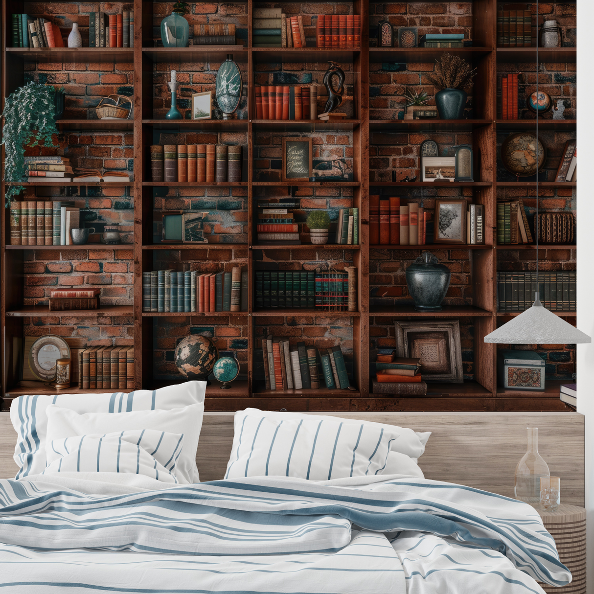 Library Mural Wallpaper | Vintage Bookshelf With Brick Wall