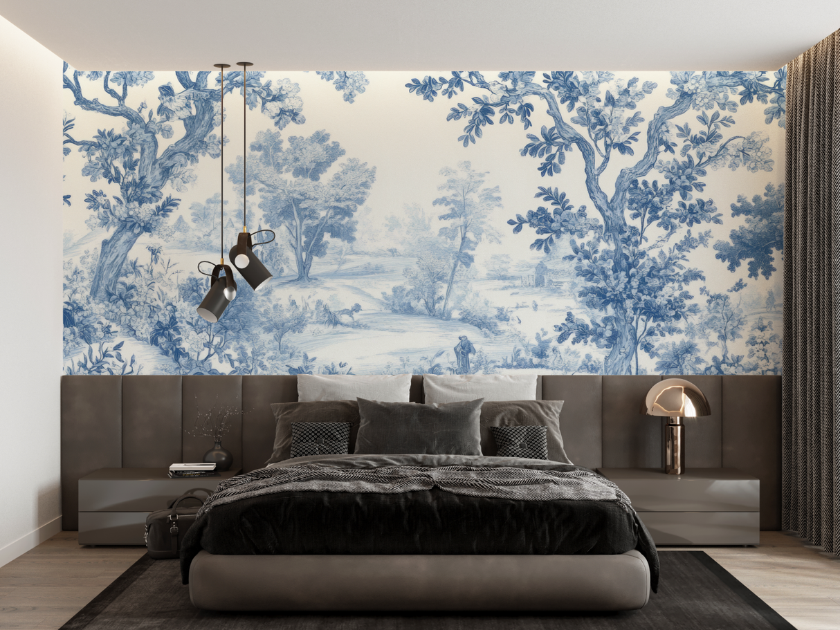 Toile de Jouy Mural Wallpaper | Classic Blue Forest Scene