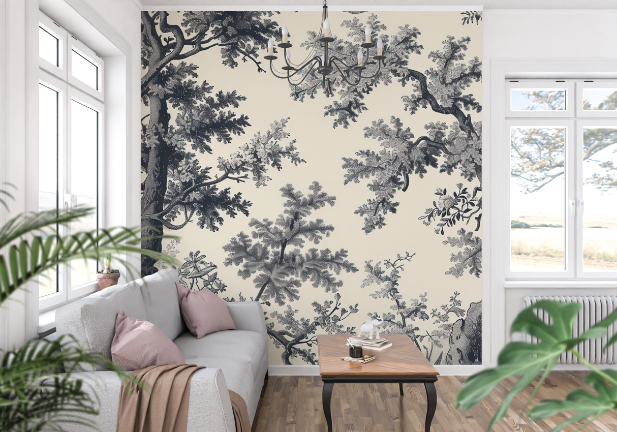 Forest Mural Wallpaper | Black and Beige Toile de Jouy Pattern