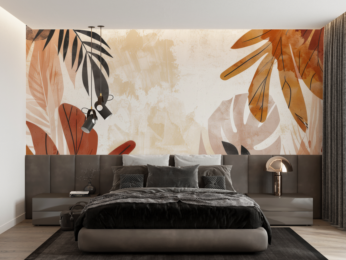 Tropical Mural Wallpaper | Abstract Terracotta and Black Leaves