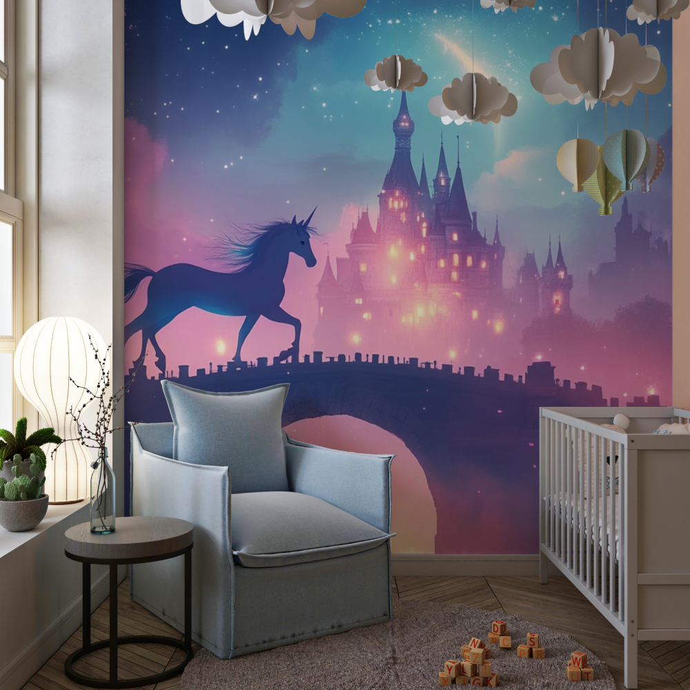 Unicorn Mural Wallpaper | Magical Castle in Pink Twilight Sky