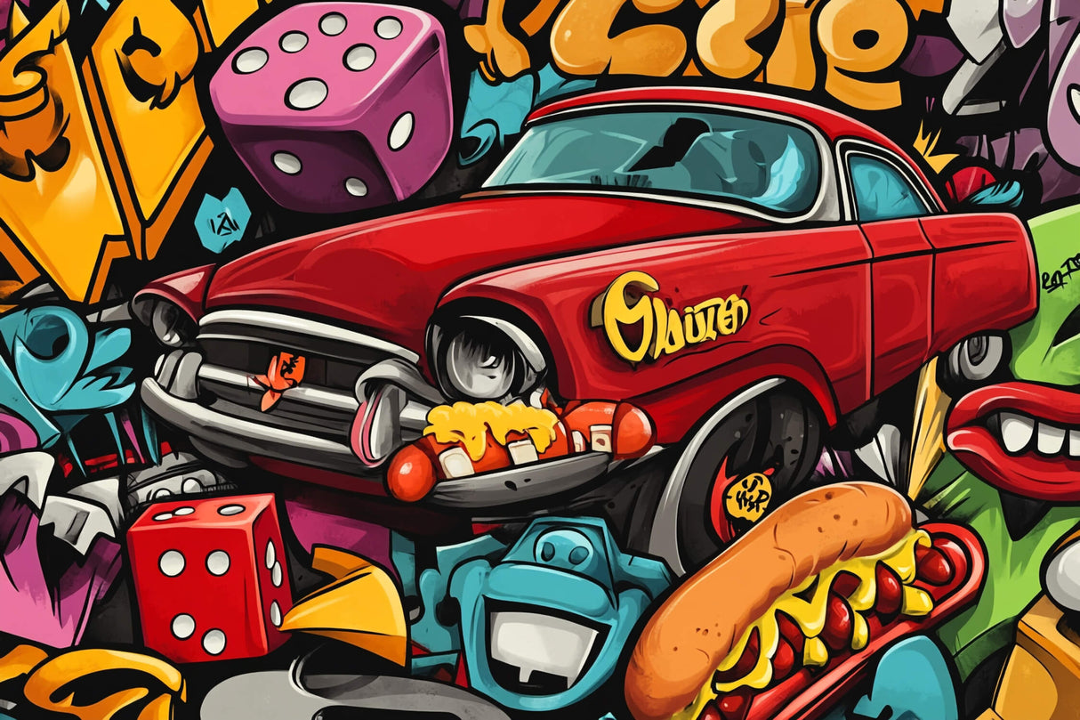 Street Art Mural Wallpaper | Vintage Red Car Graffiti Design