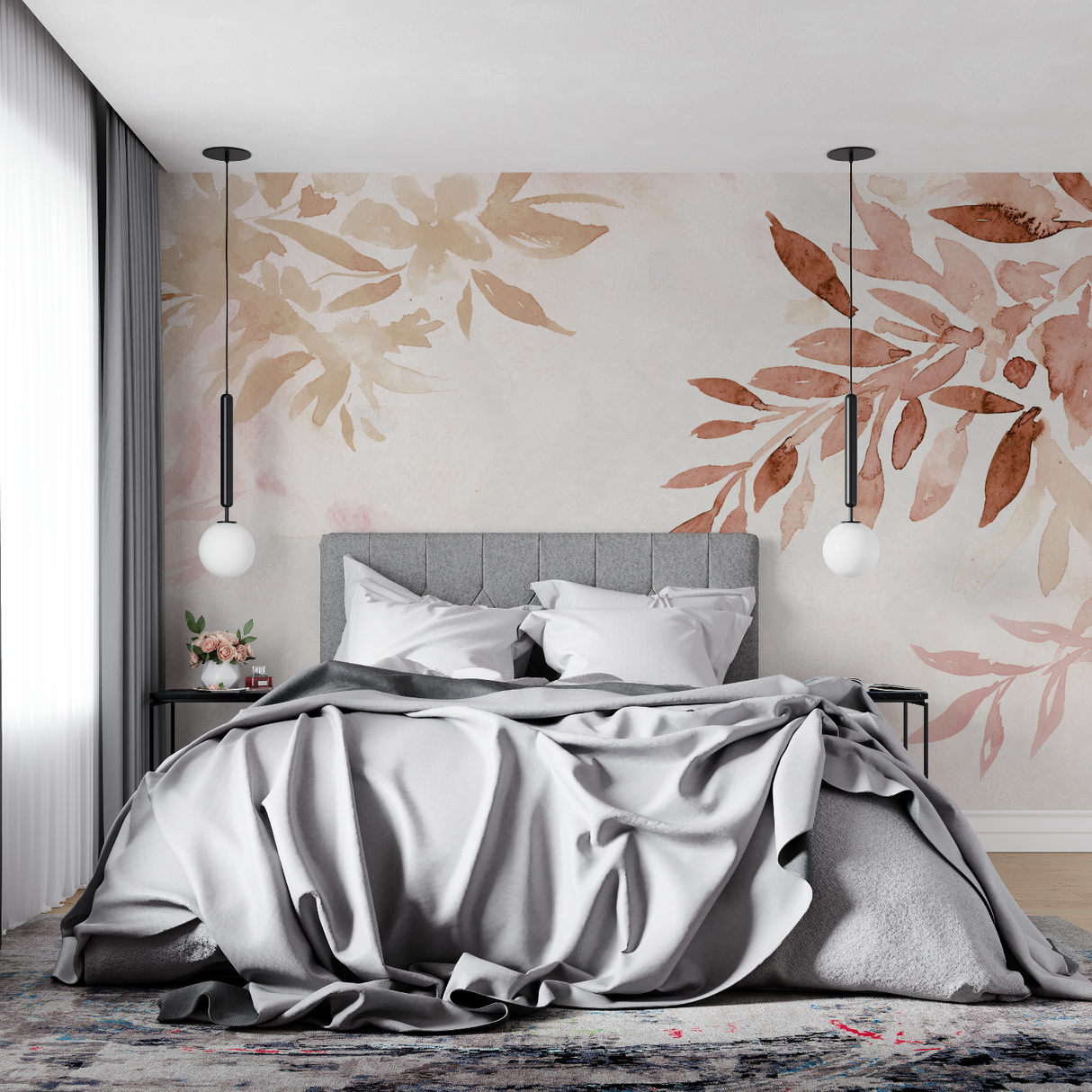 Watercolor Mural Wallpaper | Terracotta Botanical Leaves