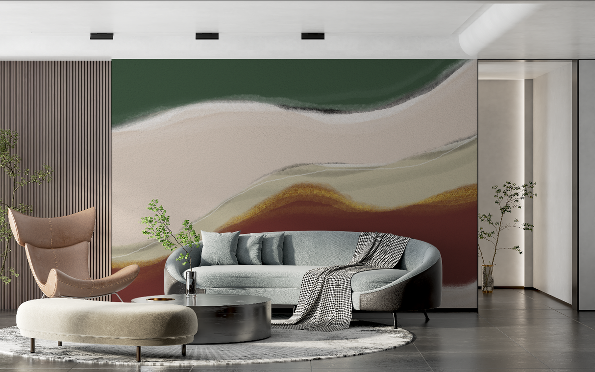 Abstract Mural Wallpaper | Green and Terracotta Wave Design