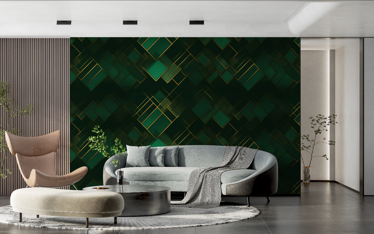 Geometric Mural Wallpaper | Art Deco Green and Gold Pattern