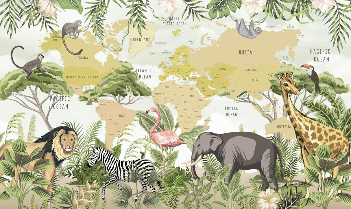Safari Animals Mural Wallpaper | World Map with Jungle Wildlife