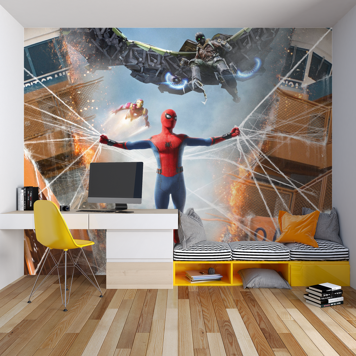 Superhero Mural Wallpaper | Spider-Man Battle Scene with Iron Man