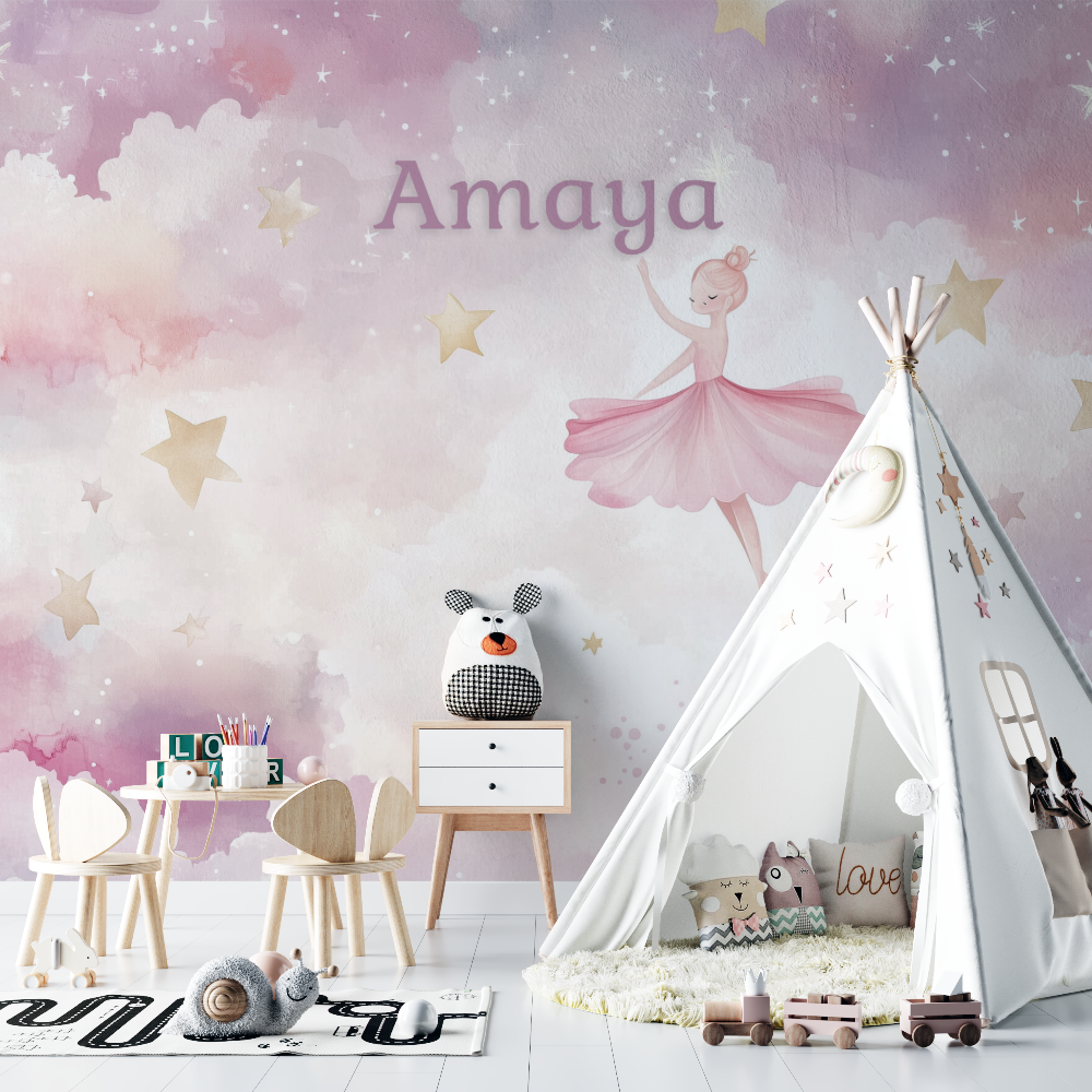 Ballet Mural Wallpaper | Dreamy Pink Dancer with Golden Stars