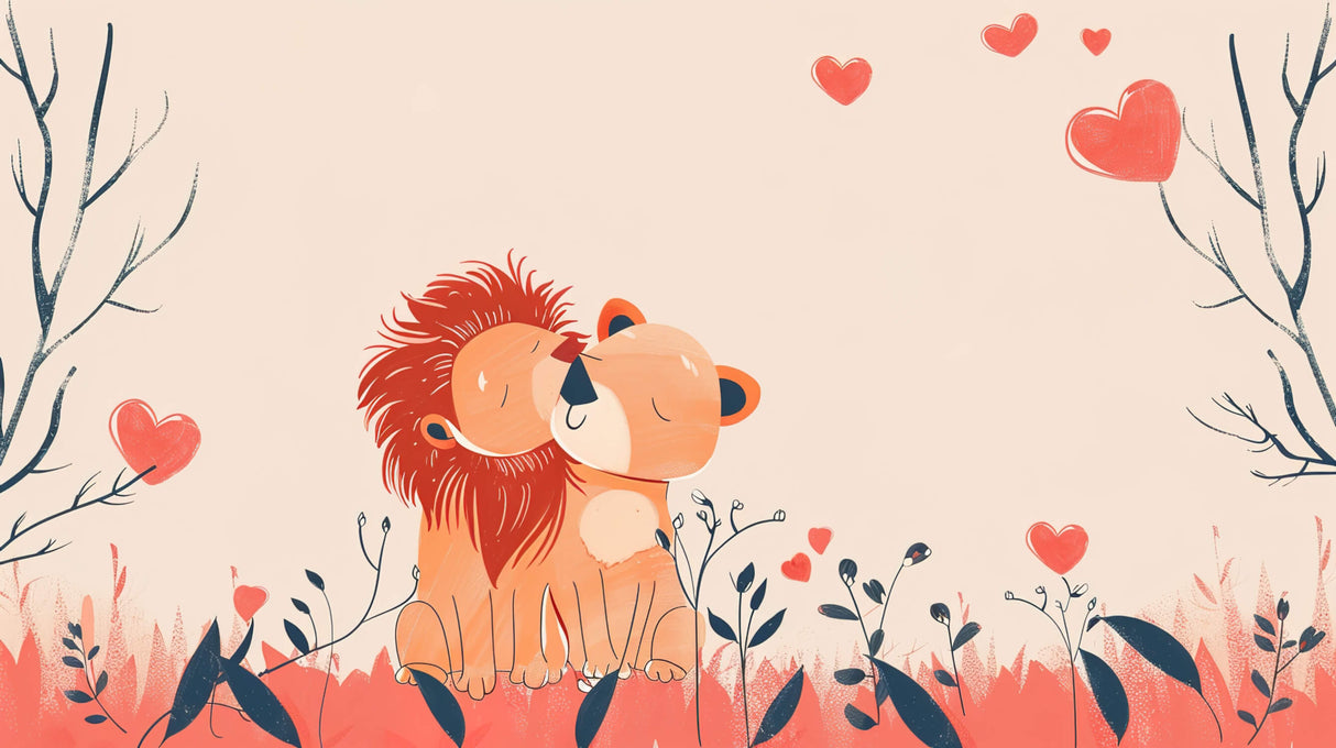 Lion Mural Wallpaper | Cute Couple with Hearts Design