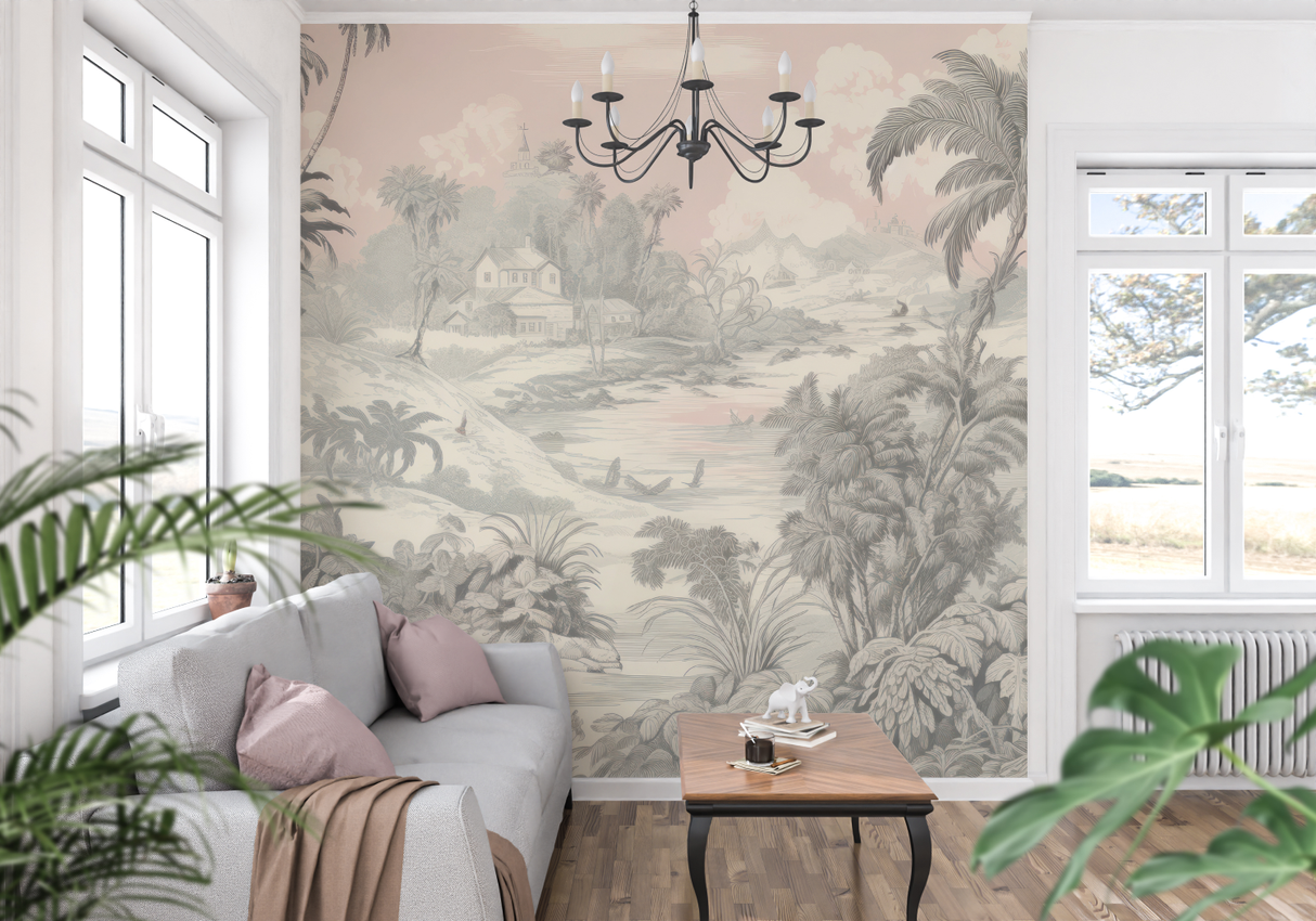 Tropical Mural Wallpaper | Vintage Palm Trees Landscape in Beige