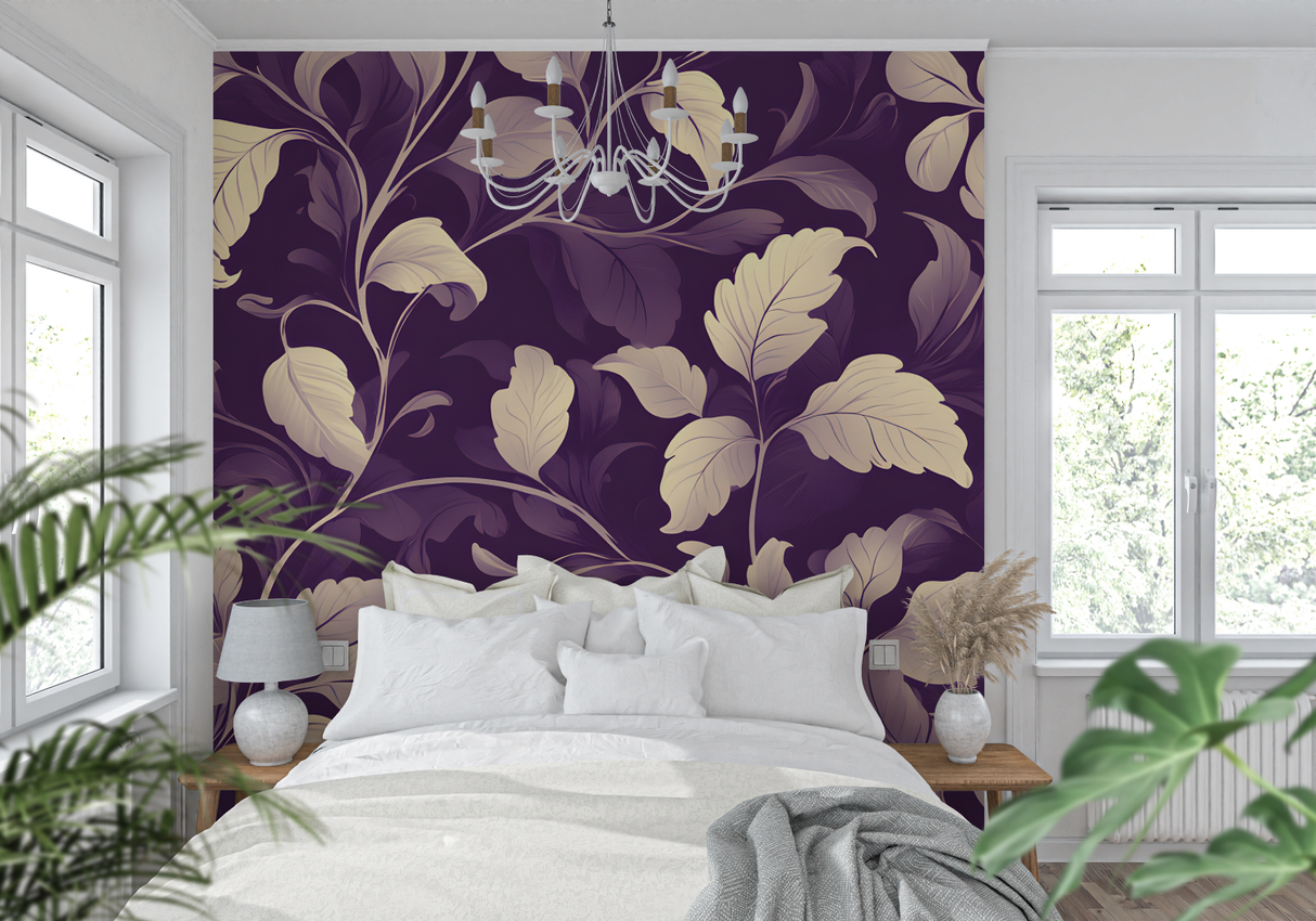 Floral Mural Wallpaper | Elegant Purple With Cream Leaves