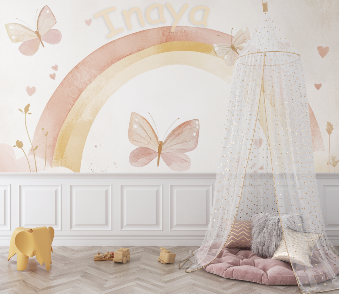 Rainbow Mural Wallpaper | Personalized Kids Name with Butterflies