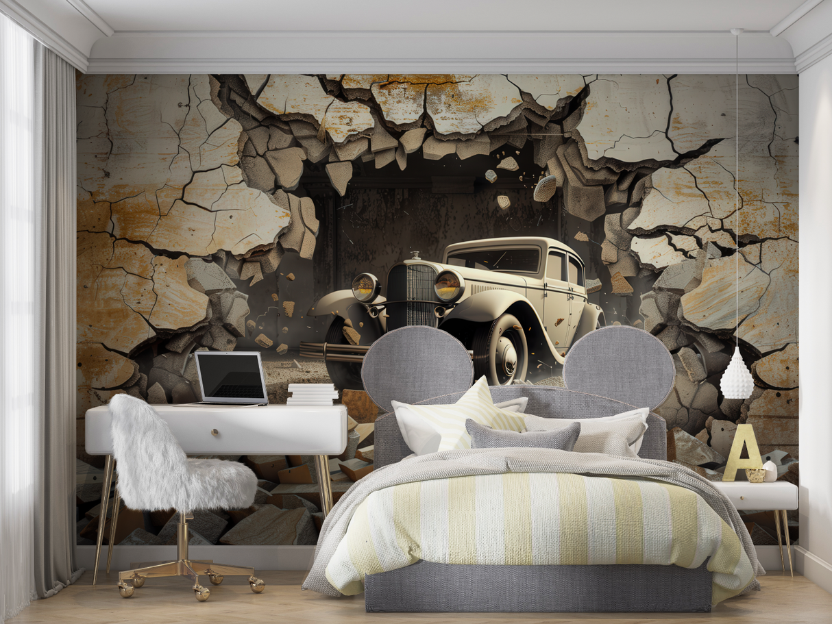 3D Car Mural Wallpaper | Vintage Automobile Breaking Through Wall