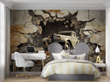 3D Car Mural Wallpaper | Vintage Automobile Breaking Through Wall