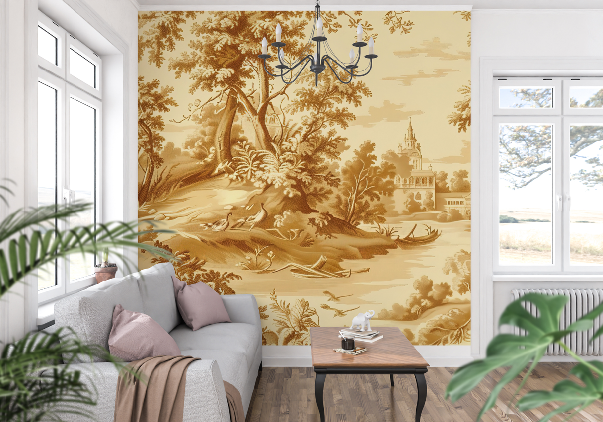 Vintage Mural Wallpaper | Classic Toile de Jouy Landscape in Gold