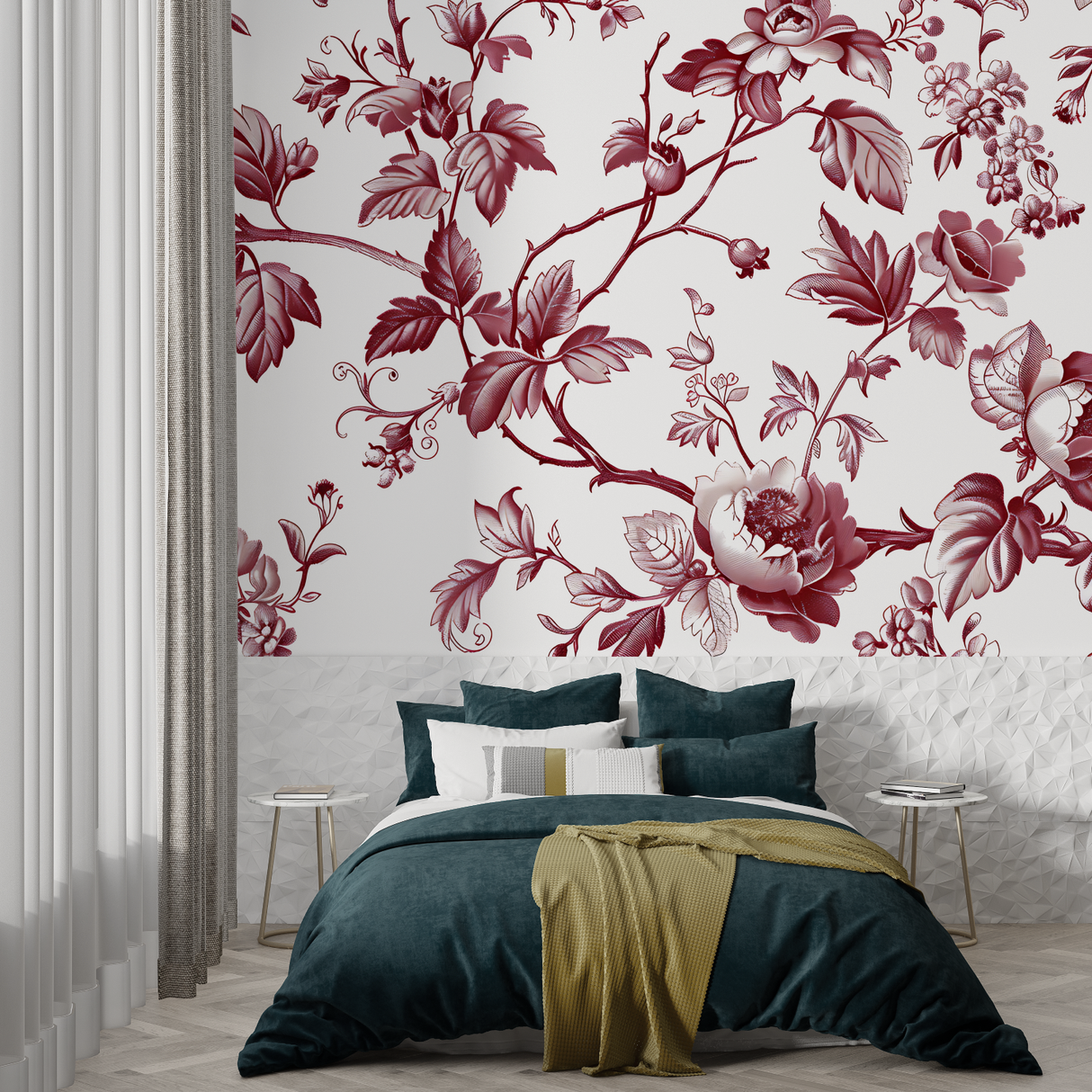 Floral Mural Wallpaper | Vintage Red and White Toile Design