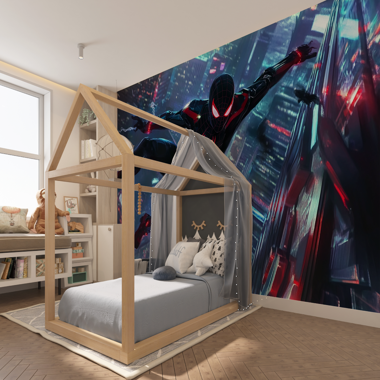 Superhero Mural Wallpaper | Cyberpunk City Night Scene