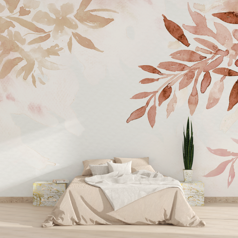 Floral Mural Wallpaper | Terracotta Watercolor Leaves