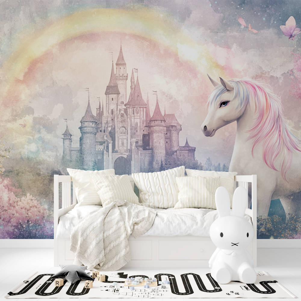 Princess Mural Wallpaper | Magical Unicorn and Castle with Rainbow