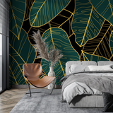 Tropical Mural Wallpaper | Emerald Green and Gold Leaves Pattern