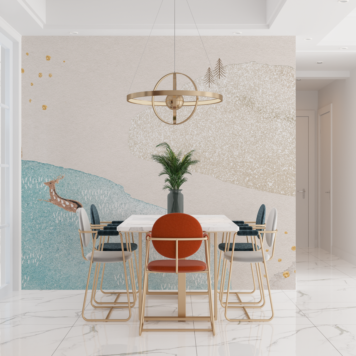 Mountain Mural Wallpaper | Nordic Watercolor with Gold Accents
