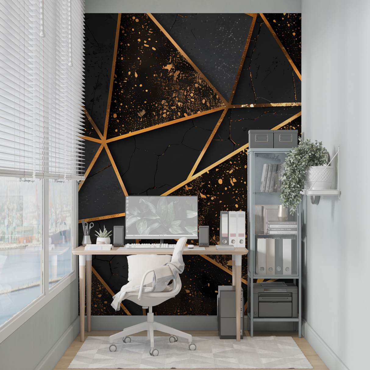 Geometric Mural Wallpaper | 3D Black and Gold Cubes Design