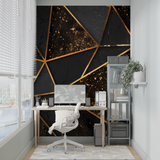 Geometric Mural Wallpaper | 3D Black and Gold Cubes Design