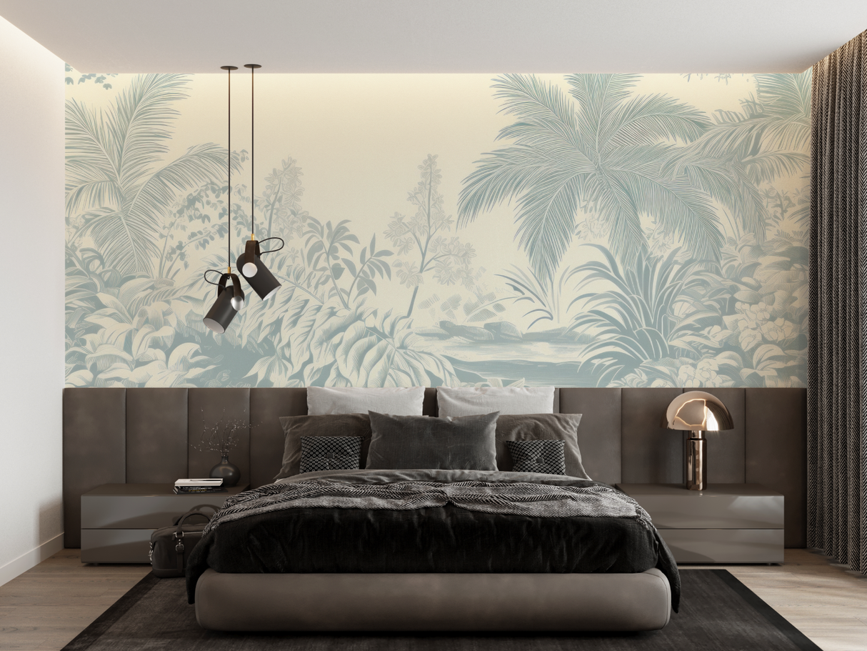 Tropical Mural Wallpaper | Soft Blue Palm Leaves Design