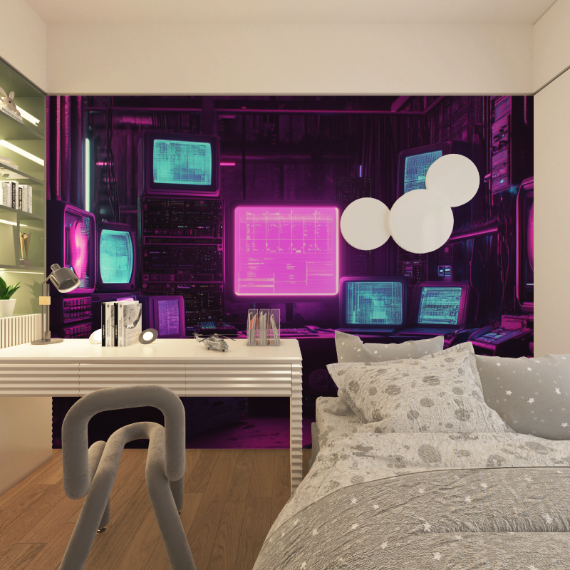Gaming Mural Wallpaper | Retro Tech Purple Neon Design