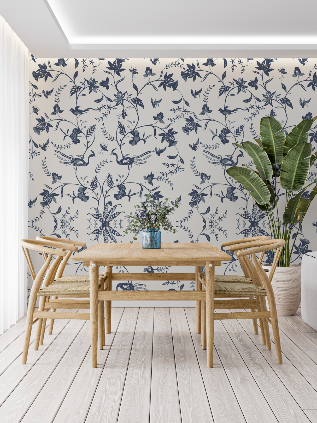 Floral Mural Wallpaper | Blue Birds and Flowers Pattern