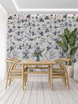 Floral Mural Wallpaper | Blue Birds and Flowers Pattern