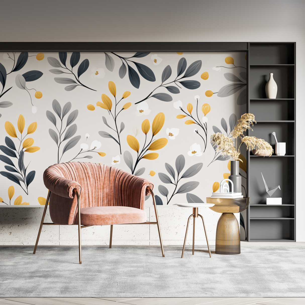 Floral Mural Wallpaper | Grey and Gold Botanical Pattern