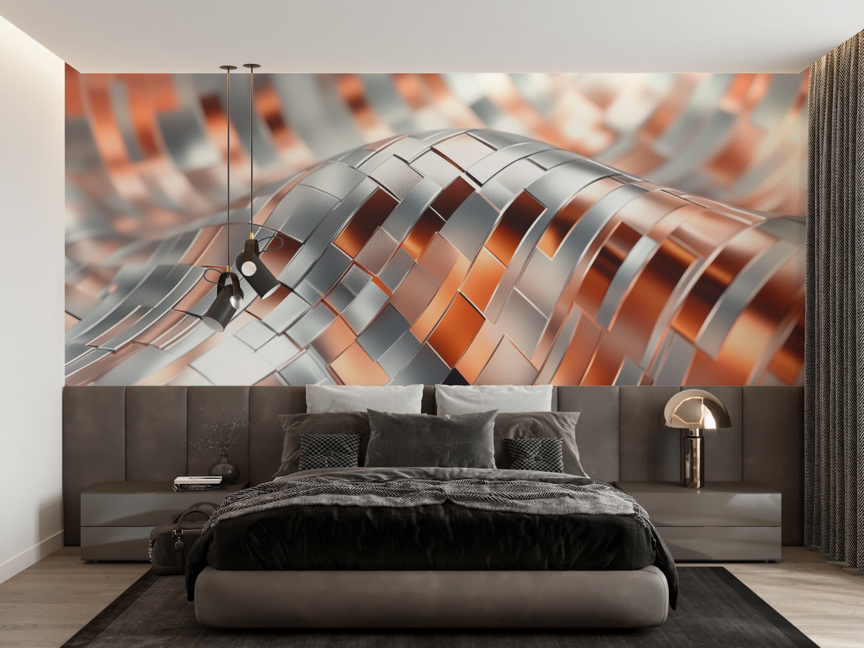 Abstract Mural Wallpaper | Modern Terracotta and Silver Wave Design