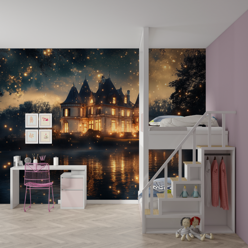 Castle Mural Wallpaper | Enchanted Night With Golden Stars