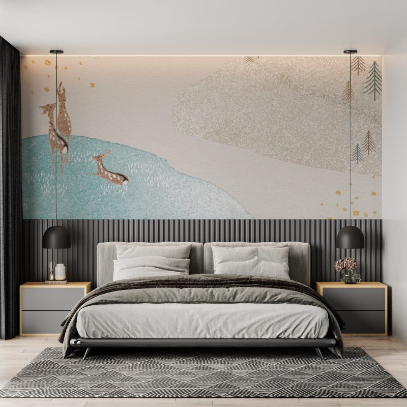 Mountain Mural Wallpaper | Minimalist Nature with Pine Trees