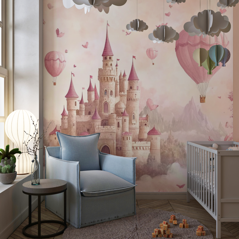 Princess Castle Mural Wallpaper | Pink Fantasy with Hot Air Balloons