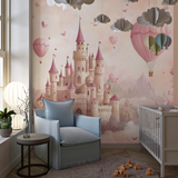 Princess Castle Mural Wallpaper | Pink Fantasy with Hot Air Balloons