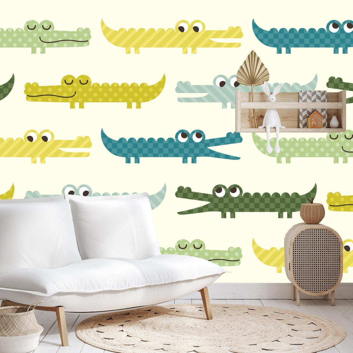 Crocodile Mural Wallpaper | Playful Geometric Pattern in Pastel Colors