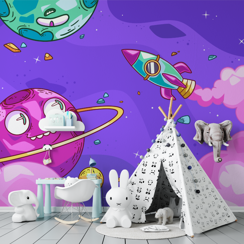 Space Kids Mural Wallpaper | Fun Planets and Rocket Design