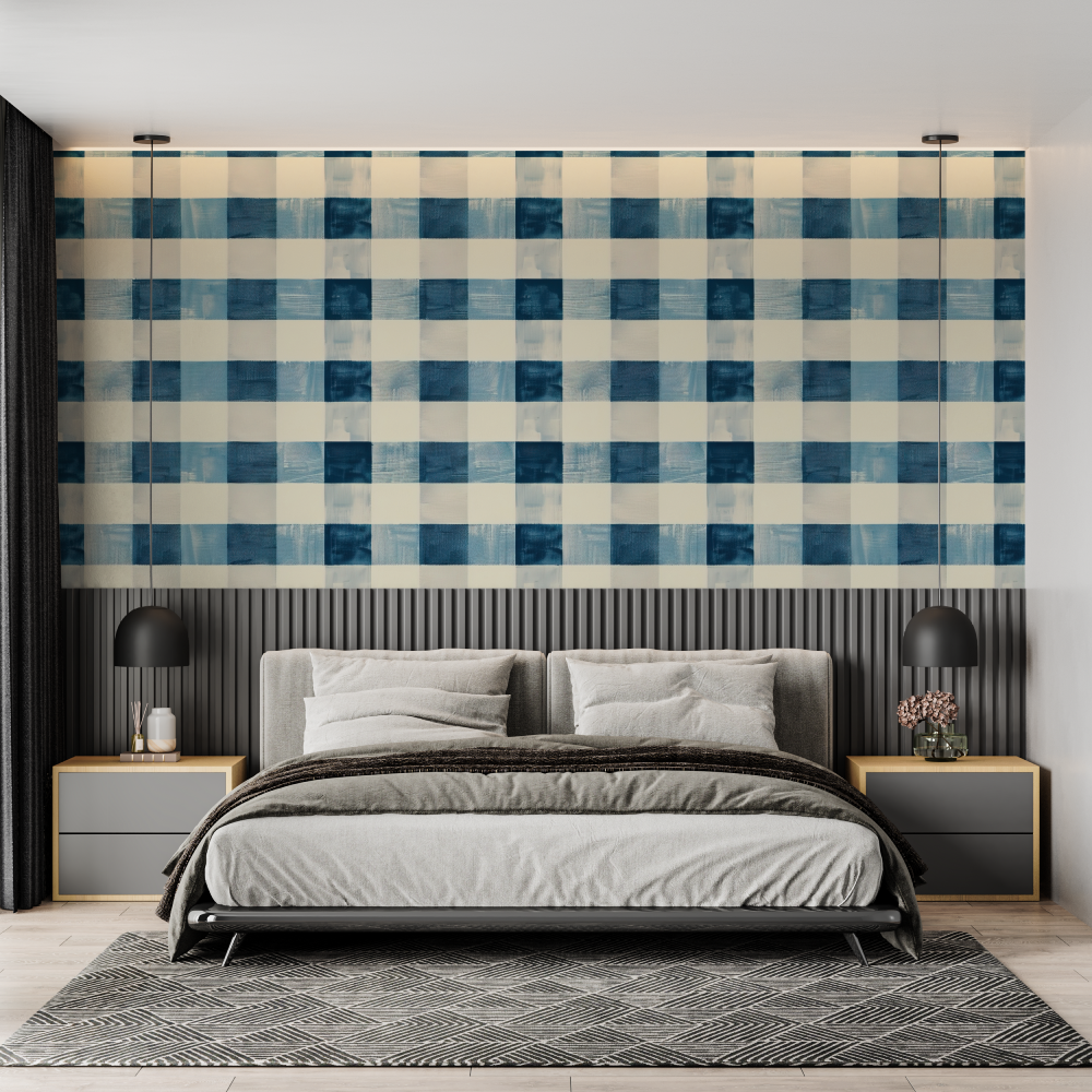 Pattern Mural Wallpaper | Blue and Cream Gingham Design