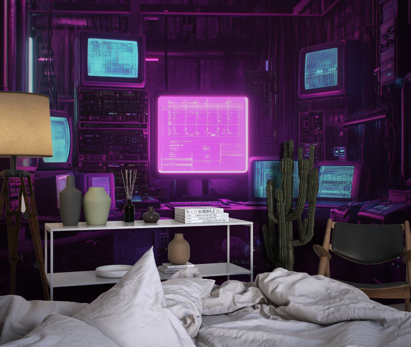 Gaming Mural Wallpaper | Retro Tech Purple Neon Design