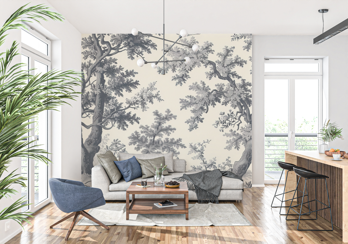 Forest Mural Wallpaper | Black and Beige Toile de Jouy Pattern